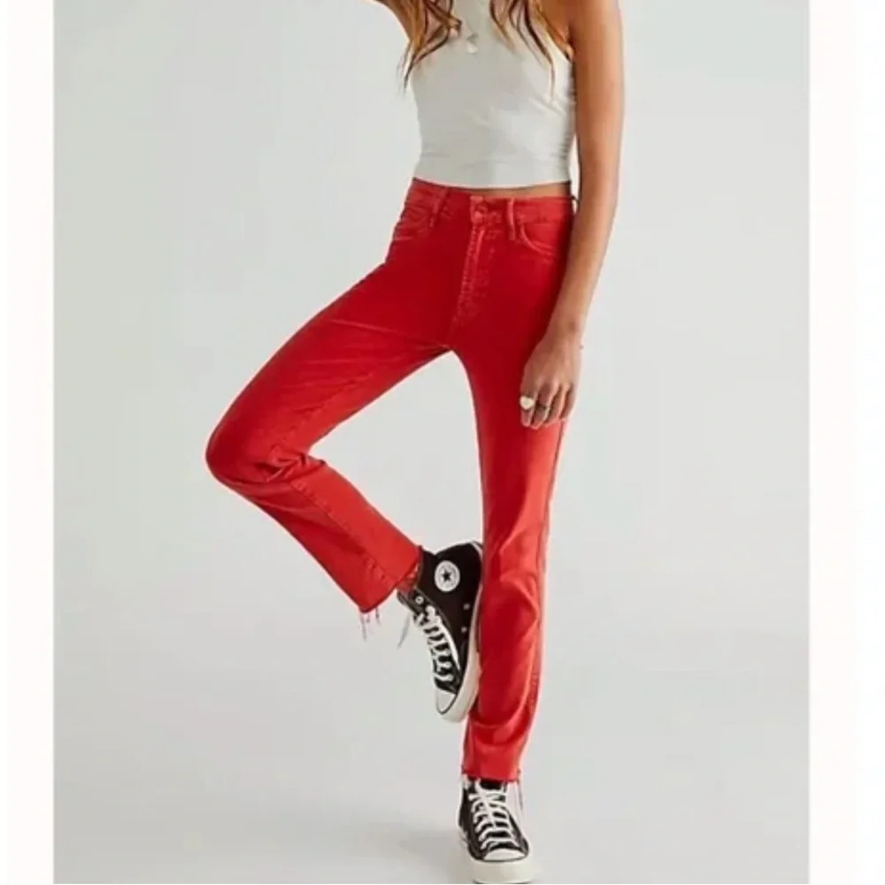 NWT Mother Denim High Waisted Rascal Ankle Fray Jeans Chalk NYE Red